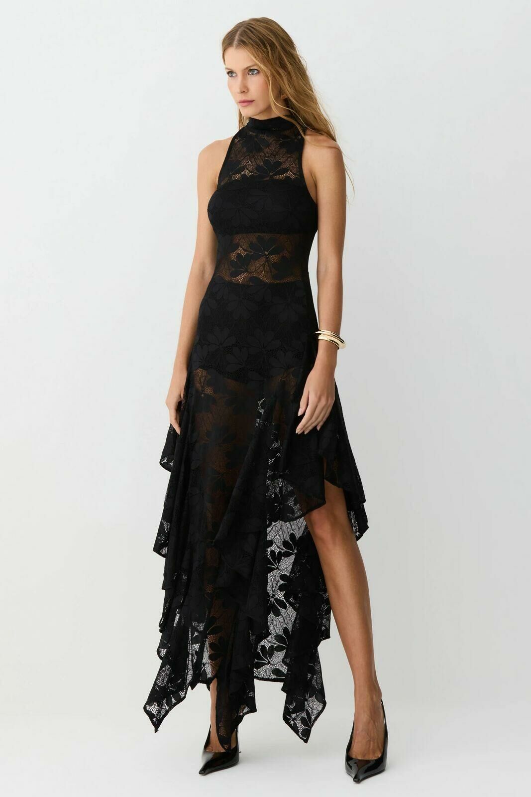 Imagem de Vestido Mídi Gola Alta Babados Barra Em Renda Preto Zen